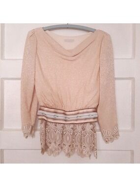 Vintage Rare Carol Peretz Guipure Lace French Ribbon Trim Drape Neck Blouse